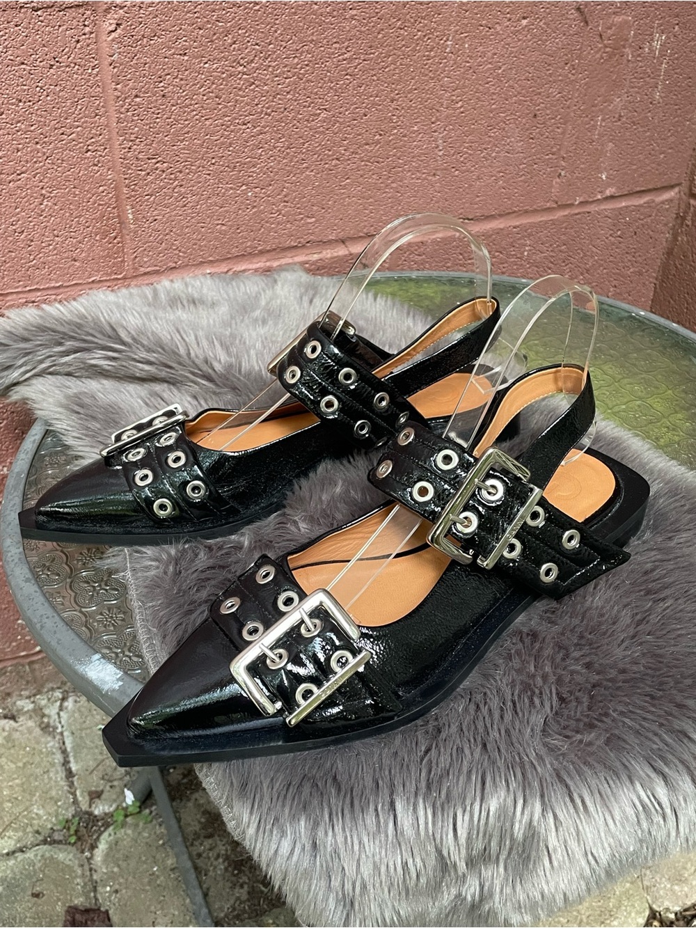 New Ganni Feminine Buckle Ballerinas Sling Back Shoes  Size 40 Black